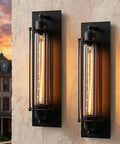 Industrial Outdoor Porch Wall Light Sconce Set Of 2 In Matte Black 18 Inch Vintage Exterior Lighting Fixture For Front Door Patio Garage Weather Resistant With Protective Glass Cylinder And Steampunk Cage mounted on a wall