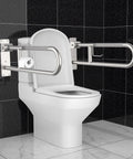 Rock Solid Toilet Grab Bar With Paper Holder Flip Up Bathroom Safety Rail Hella Secure stainless steel mounted beside toilet.