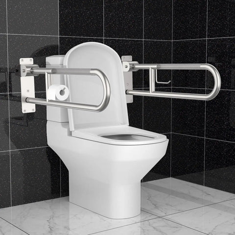 Rock Solid Toilet Grab Bar With Paper Holder Flip Up Bathroom Safety Rail Hella Secure stainless steel mounted beside toilet.