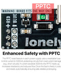 Close-up of Three Pack Breadboard Power Supply Modules 3.3V And 5V USB C Output Switchable With Overcurrent Protection, showing PPTC fuse feature.