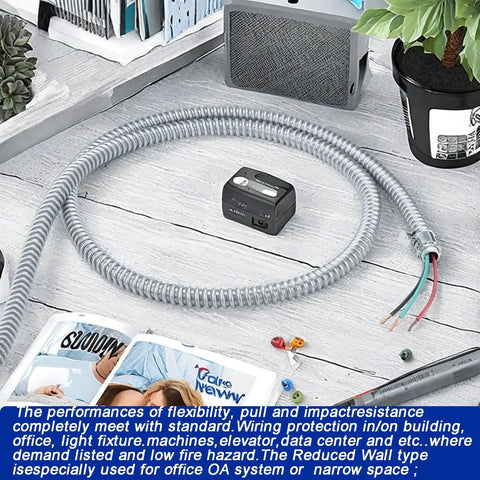 Half Inch Flexible Steel Electrical Conduit Kit With Five Couplings Three Elbows And Ten Straps 50 Foot Length For DIY Wiring Projects Rugged Indoor Outdoor Home Improvement displayed on a workbench