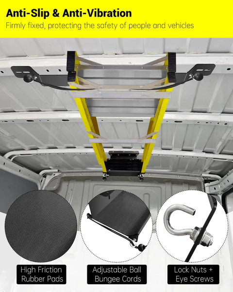 Heavy Duty Van Interior Ladder Storage Holder Overhead Truck Trailer Roof Rack Organizer Space Saving Gear Mount with anti-slip rubber pads.