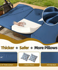 Three Seat Outdoor Porch Swing With Adjustable Canopy And Backrest A 3 In 1 Convertible Swing Bed With Cushions And Cup Holders For Yard Deck And Garden Blue showing thick cushion detail.