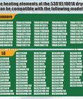 Chart showing compatibility for dryer heating elements model 5301EL1001A with Kenmore and LG dryer models.
