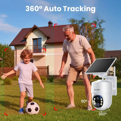 Child and adult playing soccer in garden displaying 4 Camera Solar Powered Outdoor Wireless Security Kit With No Subscription 5MP Ultra HD 360 Degree Auto Motion Tracking 3K Color Night Vision Magnifier Zoom 5G And 2.4G Router Compatible in action