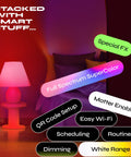Color lit room showcasing features of Two Pack A19 Smart LED Bulbs Color Changing RGB and Warm White 1100 Lumens Dimmable Tunable Lighting.