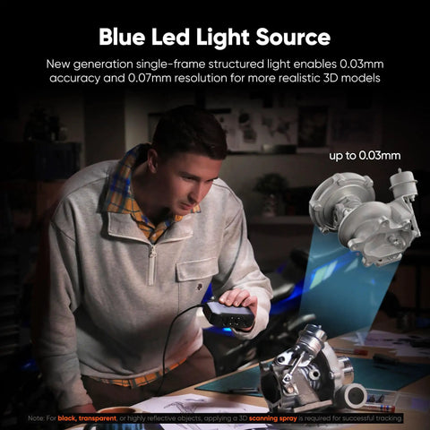 User scanning a mechanical part with the Badass Handheld 3D Scanner Delivers Tight Accuracy With Sharp Blue Light Tech.