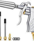 Pro Grade Heavy Duty High Volume Air Blow Gun With Powerful Venturi Nozzle, brass adjustable nozzle, two steel extensions, and pneumatic tools