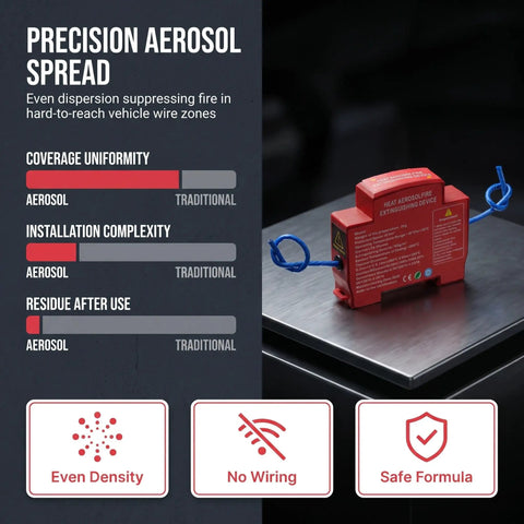Compact Aerosol Fire Extinguisher With Self Adhesive Mount Auto Emergency Car Garage Fire Suppression Kit 20g displayed on a metal surface, showing safety features.