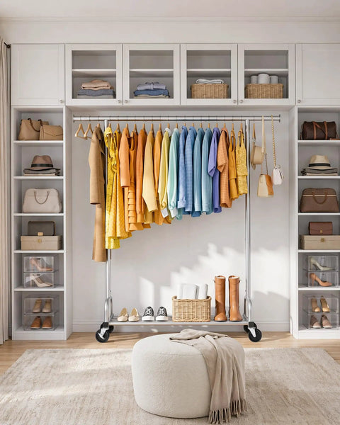 Heavy Duty Metal Clothes Rack With Sure Grip Lockable Wheels, Extendable Rod To Max Out Your Storage, Holds Every Fit You Own, Sleek Silver Design Keeps Small Bedrooms Or Entryways Clutter Free with colorful hanging clothes.