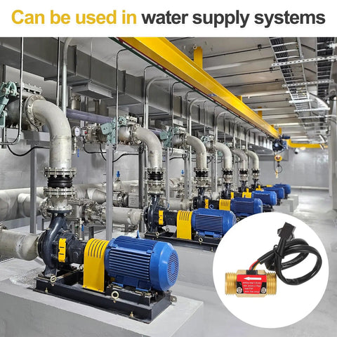 Industrial water supply system featuring One Half Inch Hall Effect Water Flow Sensor Brass Body Flow Meter with PTFE Tape inset.