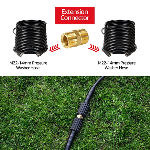 YAMATIC pressure washer hose connector, solid brass M22-14mm male coupler; shown between two hoses and attached to a hose on grass