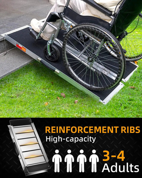 Premium 4 Foot Portable Wheelchair Ramp For Home Steps Features Non Slip Grip Built Tough Mobility Access Solution in use with wheelchair.