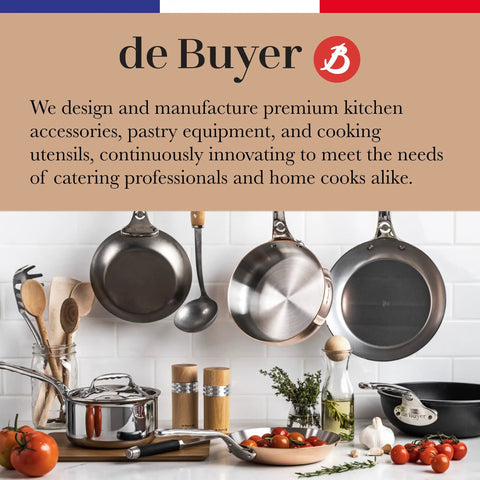 de Buyer kitchen utensils and cookware on display, including pans and pots, showcasing premium kitchen accessory collection.