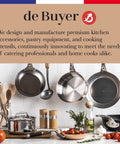 Display of de Buyer's kitchen equipment including pans, pots, and utensils, with branding for professional and home cooking.