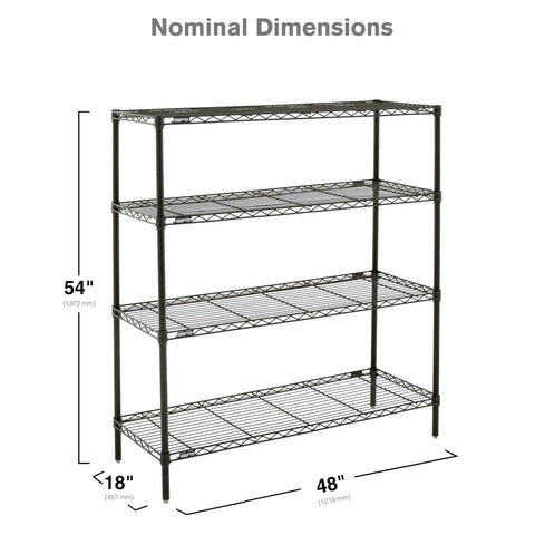 Heavy Duty Badass Wire Shelving Rack With Four Commercial Grade NSF Certified Layers For Garage Kitchen Closet Organization Breathable Mesh Blows Dust Away Easy Assembly Black Storage Set 18X48X54 Inches dimensions with height 54 inches, width 48 inches, depth 18 inches.