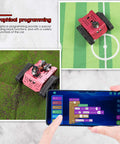 Conqueror Robot Tank Kit With UNO R3 Controller on green track, handheld device showing block-based coding app interface