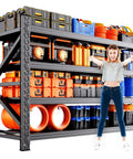 Heavy Duty Metal Garage Shelving Unit With Fully Adjustable Shelves holding tools and supplies, showcased with a happy person.