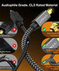 Extra Long 10 Foot Toslink Optical Audio Cable With Rock Solid SPDIF Digital Output For Hassle Free Home Theater Hookups And Flawless Lossless Stereo Audio Performance, showcasing durable connectors and nylon braid.