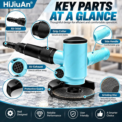 Heavy Duty Pneumatic Angle Grinder Four Inch Rotary Polisher with detailed parts showing grip collar, air inlet, and grinding disc.