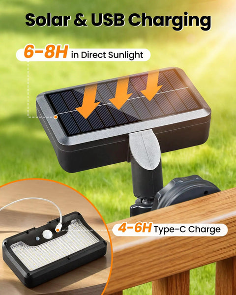 Magnetic Solar Lights Outdoor 600LM Motion Sensor LED Security Lights For Wall Patio Backyard Fence Deck IP65 Waterproof 270 Degree Wide Angle 2 Pack With Easy Magnetic Mounts And Tool Free Install showing solar and USB charging options.