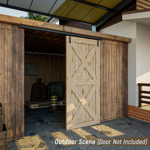 8Ft Ceiling Mount Box Rail Barn Door Hardware Kit With Heavy Duty Aluminum Sliding Track And Matte Black Finish, outdoor setting with barn door track system.