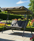 Three Person Outdoor Porch Swing Chair with adjustable canopy in garden setting