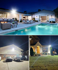 Heavy Duty 300W LED Stadium Lights 42000LM Outdoor Flood Lighting illuminating backyard and pool area at night.