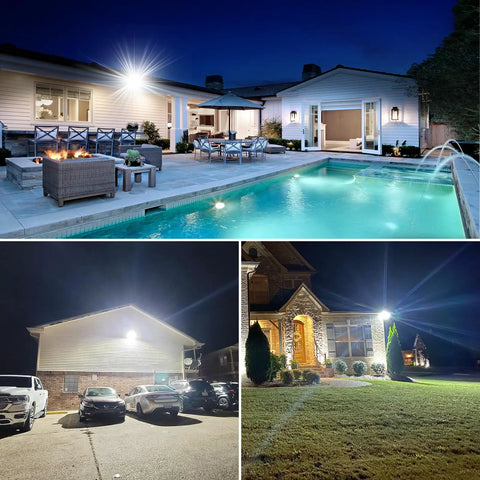 Heavy Duty 300W LED Stadium Lights 42000LM Outdoor Flood Lighting illuminating backyard and pool area at night.