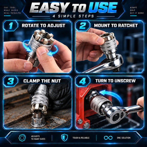 Step-by-step guide for Premium Universal Socket Wrench Set Four Piece Adjustable Multi Jaw Tool in use, including adjustment and clamping.