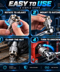 Instructions for using the 2 Pack Self Adjusting Socket Wrench Set, 3/8 Drive Universal Multi Jaw tool, demonstrating adjustments and operation.