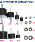Comparison of Road Warrior Style 4 Pack M6 Rubber Isolator Mounts sizes M4, M6, M8, M10 with zinc coated steel hex locknuts.