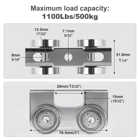 Upgraded Four Wheel Trolley Assembly For Light Duty Use With All Strut Channel One And Five Eighths Inches Or Taller Pack Of Four High Precision Welded Bearing And Pin Shaft For Stable Load And Smooth Operation, side view with dimensions.