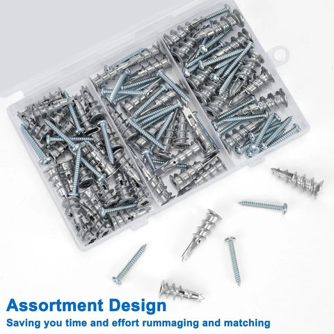Zinc Self Drilling Drywall Anchors Kit With Screws 104 Pack in 3 Sizes in clear plastic box with metal wall anchors and screws