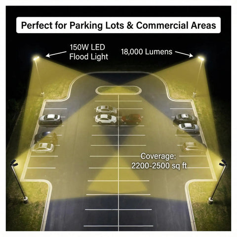Badass 150W Led Flood Light Outdoor 18000 Lumen Daylight 6500K Ip66 Waterproof illuminating a parking lot at night.