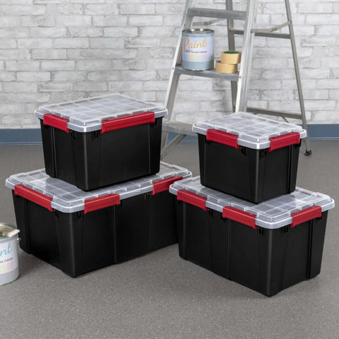Rugged 5 Gallon Waterproof Storage Bin With Tight Gasket Seal And Heavy Duty Latches stacked in black with red latches and clear lids.
