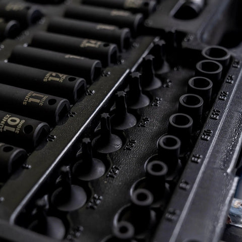 Close-up of 80 Piece 3/8 Inch Drive Master Impact Socket Set with Universal, Star and External Star Sockets in case.