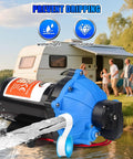 12V RV Fresh Water Pump With 7 GPM At 70 PSI, Five Chamber Self Priming Diaphragm next to camper with family in background
