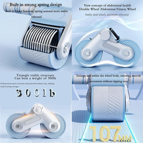 Automatic Rebound Ab Roller With Smooth Dual Wheel Action And Built In Phone Holder Plus Squishy Knee Pads For Legit Core Strength showing stable dual wheels and spring mechanism.