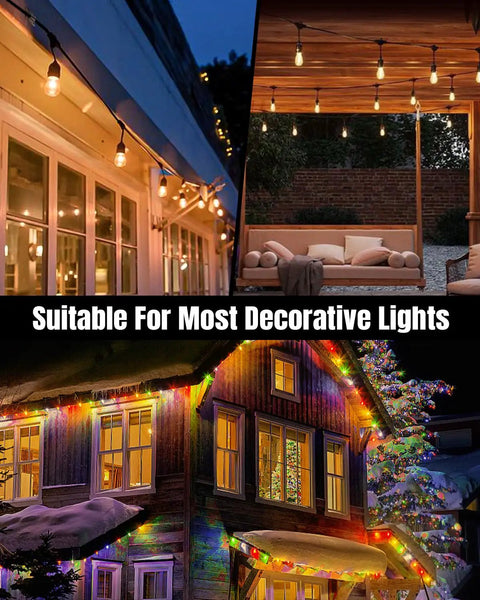 Outdoor String Light Clips 25 Pack Large Square Clear Heavy Duty Light Hooks With waterproof adhesive strips featured in various exterior settings with hanging lights.