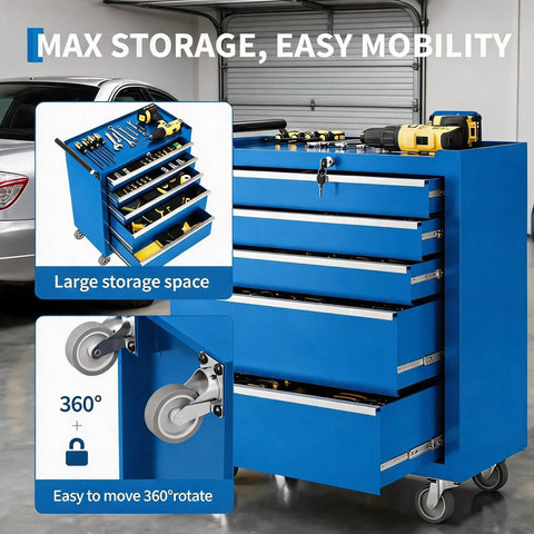 Badass Heavy Duty Five Drawer Rolling Tool Chest With Top Shelf Lock And Ridiculously Smooth Wheels For Hella Secure Garage Storage And Pro Shop Organization Built Tough In Blue featuring large storage and 360-degree wheels.