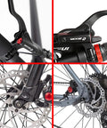 Close-up of Hydraulic E Bike Brake Upgrade Kit with Waterproof Power Off Sensor, levers, calipers, and 160mm rotors