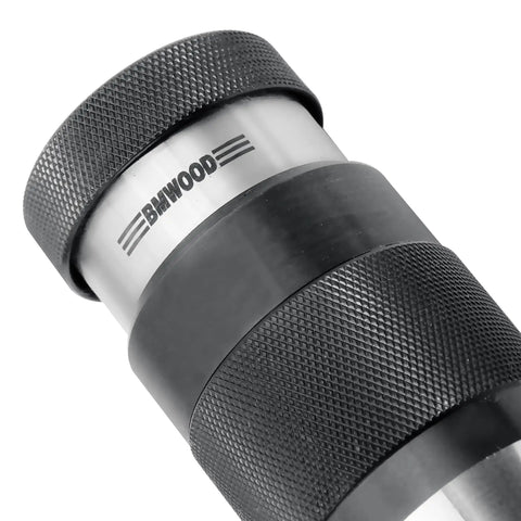 Heavy Duty Five Eighth Inch Keyless Drill Chuck With MT2 Shank for wood lathe, close-up showing knurled hand grip and branding