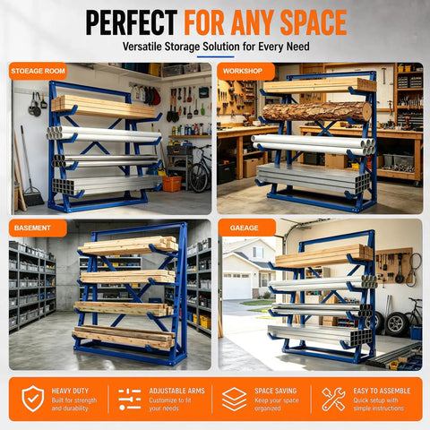 Workhorse Heavy Duty Lumber Storage Rack With Adjustable Arms And Beefy Alloy Steel Build For Stashing Pipes And Rebar Up To 2400 Pounds Without Breaking A Sweat in a garage storing lumber and pipes.