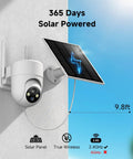 2K Solar Wireless Outdoor Security Cameras 2 Pack With 360 Degree Panoramic View Color Night Vision And Four Times Digital Zoom For Your Home Security Setup Works With 2.4GHz WiFi Only Weatherproof Outdoor Cameras installed on wall with solar panel.
