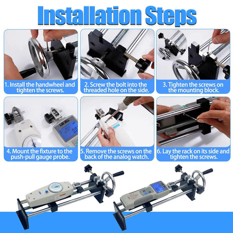 Installation steps for Kick Ass Digital Force Gauge And Test Stand Combo with detailed assembly process.