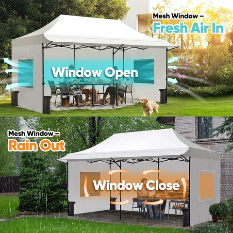 Heavy Duty 10x20 Pop Up Canopy Tent With 3 Removable Sidewalls showing open mesh windows for air and closed for rain protection
