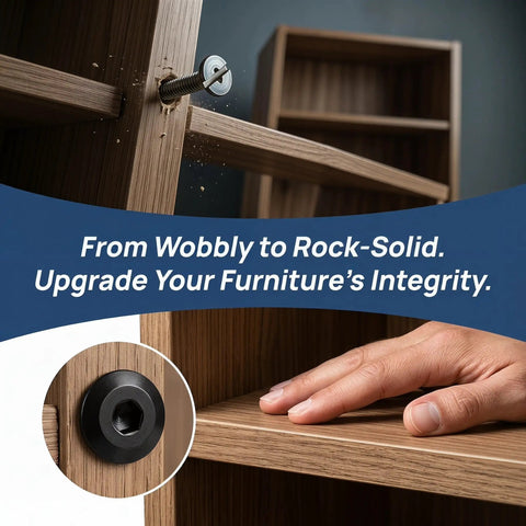 Black Furniture Connector Bolts And Barrel Nuts 40 Piece Kit For Rock Solid Bed Frame And Cupboard Assembly, showing assembly on furniture.