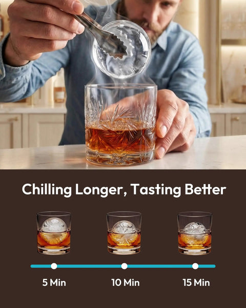 Man placing ice sphere into whiskey glass using Crystal Clear Ice Ball Maker For Countertop 2.4 Inch Spheres 2 Piece Set