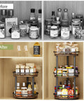 Top Tier Heavy Duty Rustic Lazy Susan Turntable With Smooth Spin Rotating Spice Rack And Reinforced Metal Frame Sturdy Pantry Seasoning Organizer For Kitchen Cabinet Setup before and after images showing organization